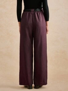 Écloséra 女士休闲撞色腰带褶皱长宽松裤，秋冬 - 酒紅色 - 查看 2