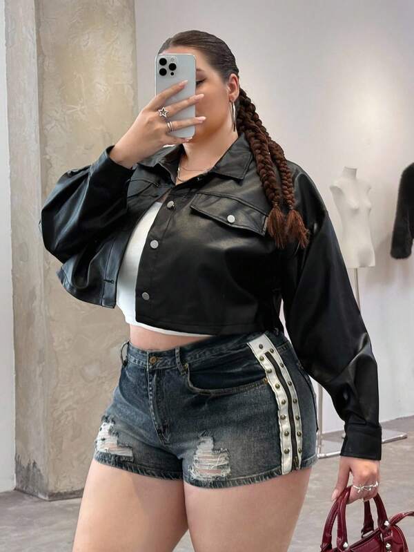 SHEIN EZwear Talla grande Cazadora de hombros caídos con diseño de solapa crop PU