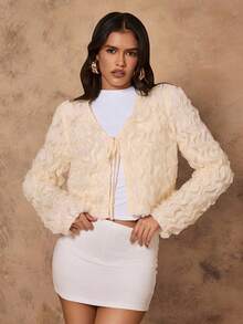 Chiquease Chaqueta ligera de mujer con volantes y lazo en la parte delantera, unicolor, elegante, para otoño - Albaricoque - Ver 5