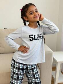 SHEIN Bộ 2 áo thun dài tay cổ tròn tối giản thường ngày và quần ngủ pijama dáng rộng họa tiết kẻ caro cho bé gái tuổi teen - màu đen - Xem 3