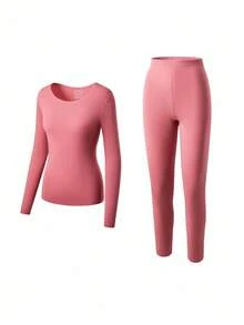 LUVLETTE Plus 女士保暖内衣超柔软底层寒冷天气温暖冬季睡衣套装圆领上衣和长裤 - 棕红色轻盈保暖套装