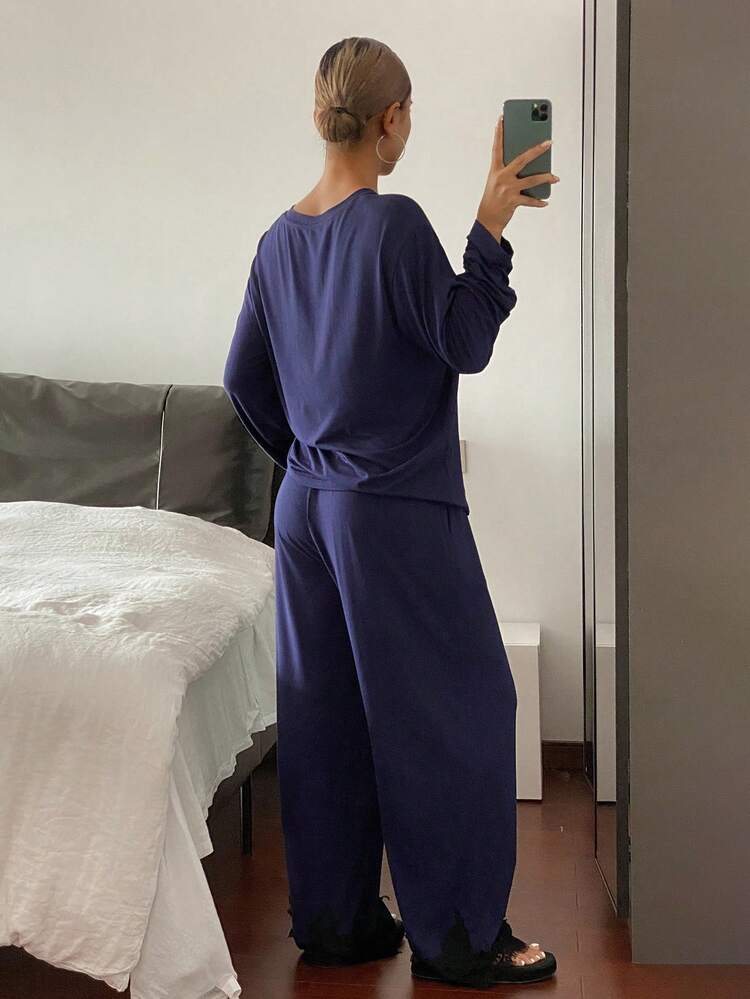 Comfortable Solid Color Knit V-Neck Women Lounge Set, Cozy Outfit Fall Winter Clothes