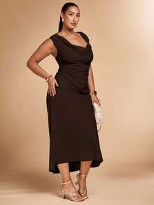 SHEIN BAE 大码女式卡其色不对称金属长裙 - 咖啡棕 - 查看 5