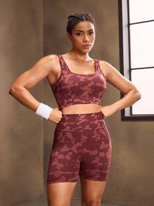 Powerista Women's Camouflage Print High Waist Casual Fitness Workout Shorts - Burgundy - View 5