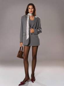 SHEIN Unity 2 piezas Conjunto de blazer y vestido de rayas vintage con hombros acolchados y ajuste relajado para mujer, adecuado para ir a la oficina, fiestas y reuniones, color gris - Gris Oscuro - Ver 6