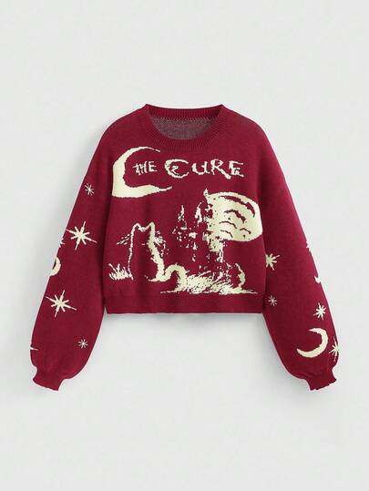 Fairycore Suéter básico de cuello redondo de mujer con tejido jacquard de gato negro, estrella y luna vintage de Halloween