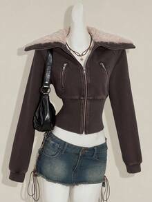 SHEIN ICON Women's High Waist Washed Distressed Zip-Up Coat, Faux Fur Collar Design, Suitable For Winter, Thanksgiving, Brown Tops,Casual Plush Coat, Washed And Distressed, Retro Style - Brown - View 1