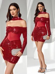 Coutiva Women's Sequin Off Shoulder Long Sleeve Mesh Ruffle Fitted Cocktail Party Dress,Luxury Evening Gown,Pearl Cuff Design,Formal Wedding Guest Graduation - Red - View 1