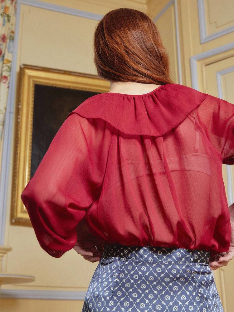 Blusa bohemia roja con cuello con volantes y mangas abullonadas largas, top de salida de otoño