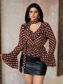 Roveilla Camicetta elegante e alla moda con scollo a V e stampa a pois per donne taglie forti - Castano - Visualizzare 4