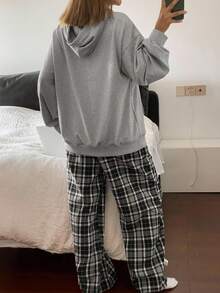 DAZY Women's Tomato Graphic Print Hoodie & Plaid Pants Pajama Set, Autumn/Winter, Fall Clothes - Grey - View 2