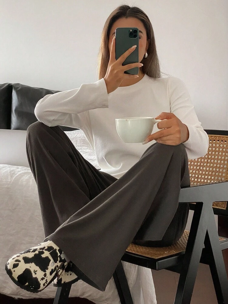 Women's Minimalist Fleece Knit Pajama Clothes Set, Autumn/Winter, Cozy Outfit
