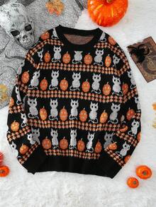 Elamini Halloween Dark Women Crew Neck Cat & Pumpkin Pattern Knitted Sweater Top - Multicolor - View 6