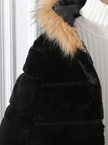 Genkimix Kids Girls' Elegant Black Fluffy Long Sleeve Hooded Warm Windbreaker Jacket, Suitable For Pairing With Turtleneck Sweaters In Autumn/Winter Fall