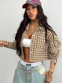 Coolane 女式夏季复古学院风短款格子宽松短款上衣红色衬衫 - 駝色 - 查看 2