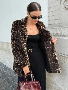Lavishia Women's Leopard Print Fuzzy Long Sleeve Jacket, Fashionable For Autumn/Winter Women's Winter Coat  Leopard Print Fall Elegant Brown