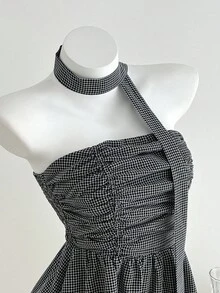 Elamini Áo ống viền ren kèm khăn choàng kẻ caro - màu đen - Xem 3