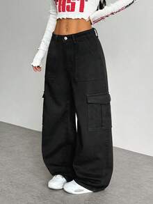 SHEIN EZwear Women's Solid Color Casual Warm Denim Jeans - Black - View 3