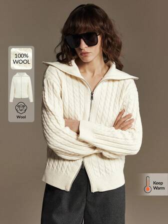 Ontre 2025 Autumn/Winter New Women's Apparel Collection: Back To School Outfits, Teacher Attire, Formal Occasion Dresses, Elegant Wedding Guest Outfits, Church Attire, Business Casual Styles. Featuring A Loose Fit Metallic Zipper Knit Cardigan In Beige, Suitable For Everyday Wear, Autumn, Halloween, Christmas, Thanksgiving, New Year,Christmas, New Year