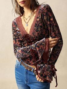 Bohemela 女式休闲度假V领长袖针织上衣 - 藍色 - 查看 4