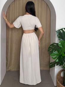 Andrea Bello Vestido largo estilo maxi para verano con escote en V profundo, cierre delantero, abertura en la cintura y bajo con abertura - Beis - Ver 2