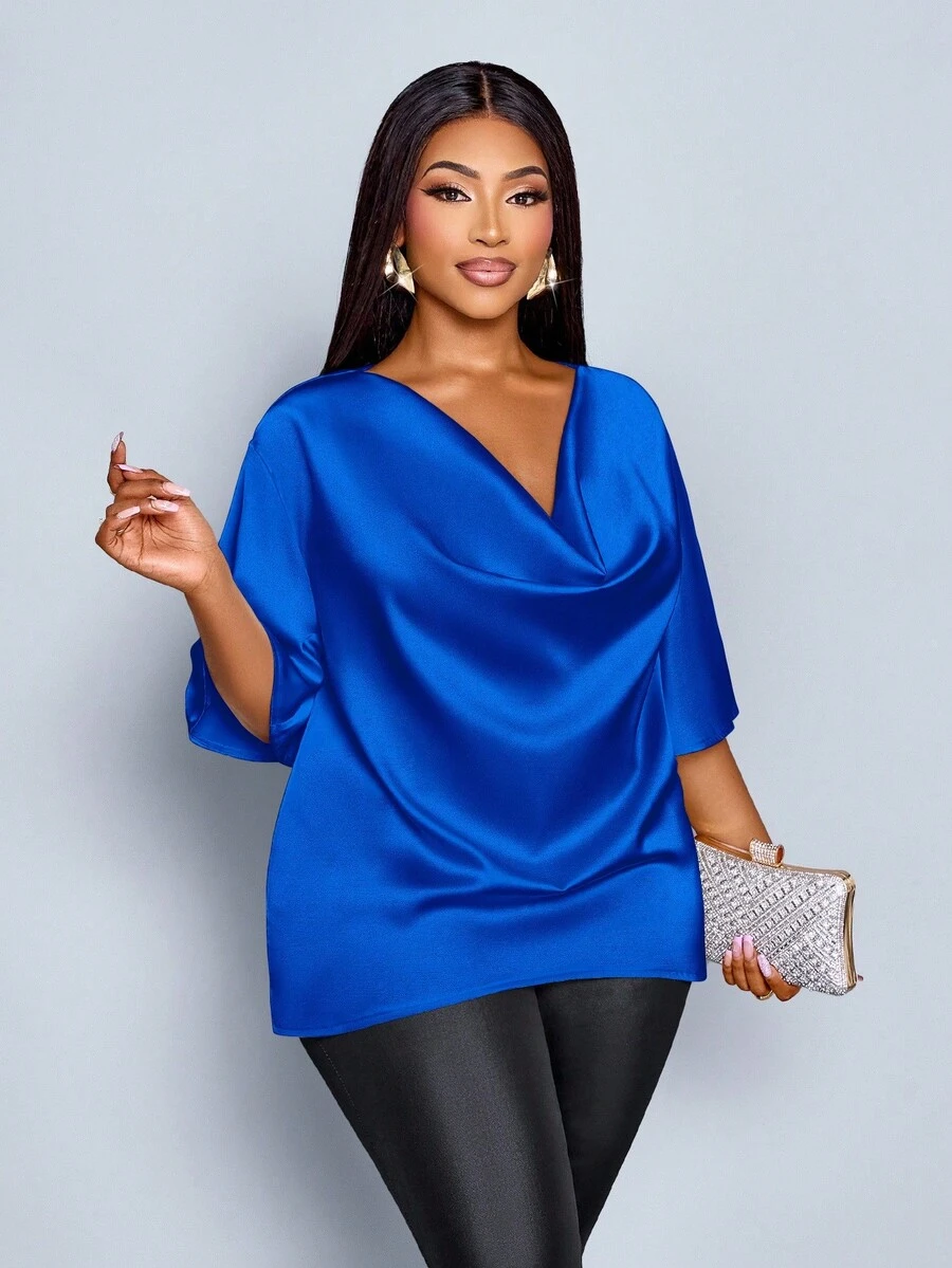 SOLERSUN 大码女式时尚纯色优雅高领蝙蝠袖衬衫，夏季款，尽显优雅气质 - 寶藍色 - 查看 1