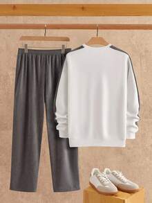 Manfinity NXTstreet 2 件套男士字母印花针织圆领运动衫套装男士休闲套装男士灰白套装男士 2 件套运动服，男士 2 件套男士运动服套装，秋季服装，冬季 - 彩色 - 查看 2