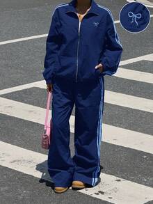Muchica 女式条纹长袖青蓝色运动夹克和裤子休闲运动服套装 - 水鴨藍 - 查看 3
