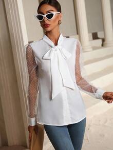 SHEIN Clasi Áo sơ mi nữ cổ bẻ lưới chấm bi tương phản - trắng - Xem 3