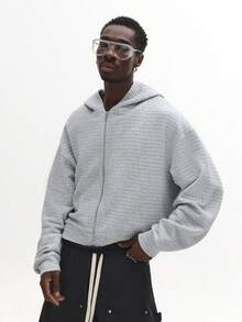 SUMWON 短款绗缝拉链连帽衫，宽松版型，带抽绳，冬季休闲外套，纯色 - 灰色 - 查看 1