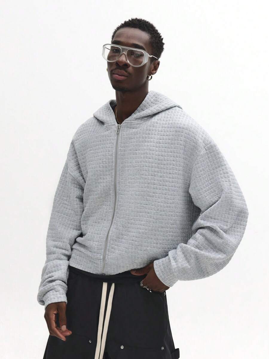 SUMWON 短款绗缝拉链连帽衫，宽松版型，带抽绳，冬季休闲外套，纯色 - 灰色 - 查看 1