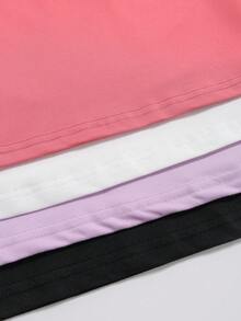 SHEIN Tall CURVE Plus Size 4-Piece Set Solid Color Cropped Round Neck Short Sleeve Fitted Women T-Shirt, Suitable For Summer