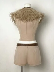 SHEIN Unity Women's Fashionable Vintage Fuzzy Patchwork Top And Shorts 2 Pieces Set - Khaki - View 2