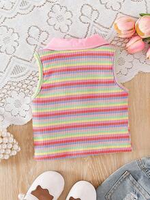 SHEIN Atasan Polo Tanpa Lengan Berkerah Garis-Garis Warna-warni Modis untuk Bayi Perempuan, Musim Semi/Panas - MultiWarna - View 2