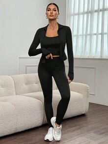 SHEIN Tall 3 件套黑色针织女式运动套装，加长版，适合夏秋季，女式秋装，别致的女式运动套装，优雅，民事婚礼，婚礼嘉宾，派对，家居，休闲，舒适升级，运动，多功能 - 黑色 - 查看 3