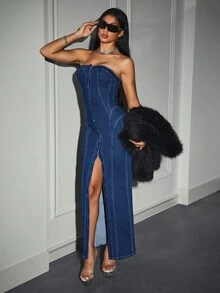 Jeanoix Y2K Front Button High Stretch Tube Top Denim Dress