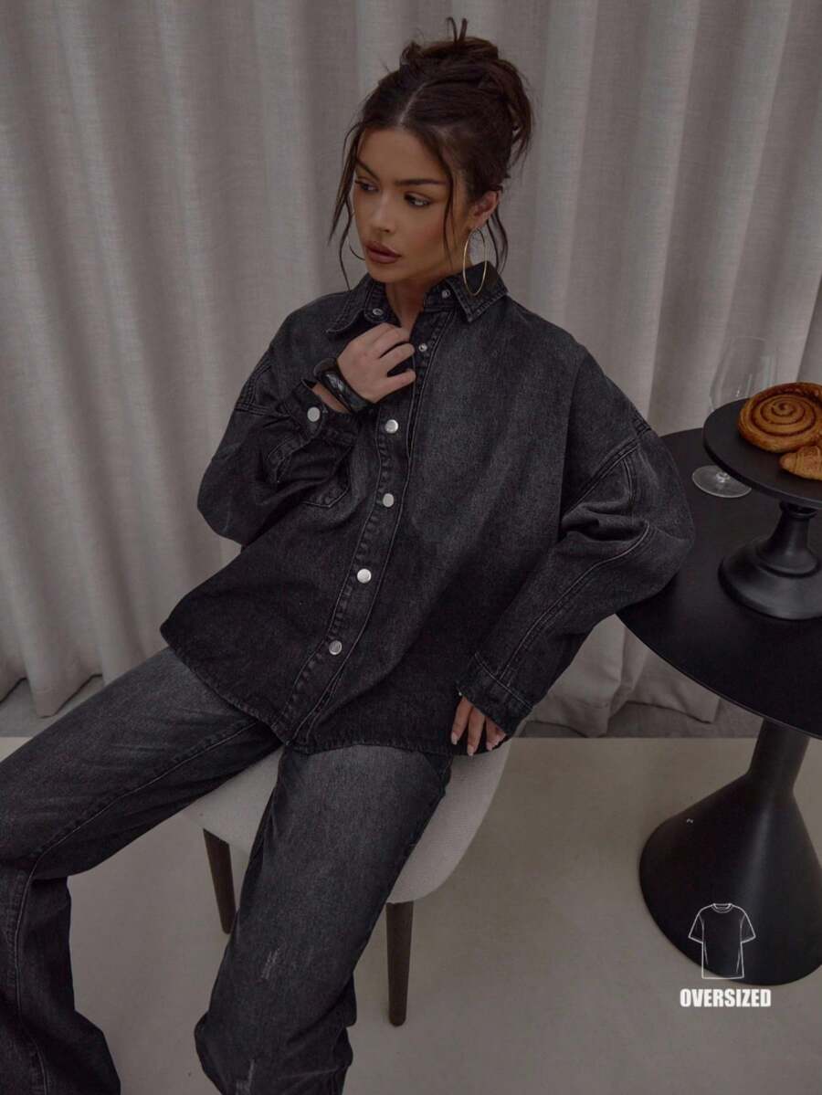 MUSERA Oversized Button Down Washed Denim Shirt Co-Ord Top Only Streetwear Cute Classy Casual Sexy Going Out Fall Autumn Toffee Chic Spring Summer - Black - View 1
