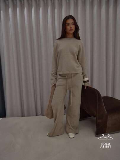 MUSERA Oversized Fluffy Knit Crewneck Jumper Top & Pants Streetwear Cute Classy Casual Sexy Going Out Toffee Evening Party Elegant Spring Sweater