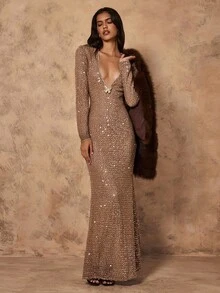 SHEIN Unity Butterfly Sequin Decor Bodycon Sexy Women Dress - Brown - View 3
