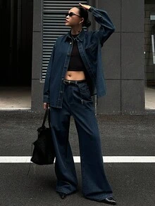 DAZY 女士休闲口袋衬衫和阔腿牛仔裤套装，秋季 - 藍色 - 查看 4