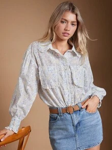 WESTFADE Chemise à manches longues avec col à volants, poche, boutons et broderie florale. Top mignon pour l'automne pour femmes. Convient pour l'automne, l'hiver, le style boho, décontracté, western et les concerts country - Multicolore - Voir 1