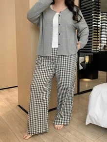 Dazy Plus 3pcs Solid Color Tank Top, Robe & Plaid Pants Pajama Set, Fashionable Plus Size Women Casual Sleepwear, Cozy Outfit Fall Winter Clothes