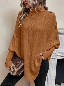 LanaWest 休闲宽松纯色百搭高领蝙蝠袖女式毛衣 - 鏽棕色 - 查看 6