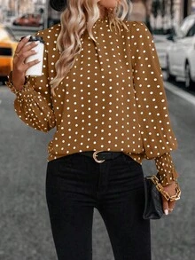 EMERY ROSE Women's Ruffle Collar Long Sleeve Polka Dot Print Fashion Blouse