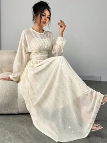 Gloray Women's Elegant Sequin Sheer Waist Cinched Long Sleeve Round Neck Dress