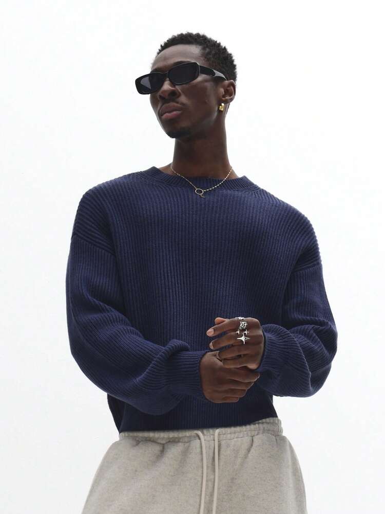 Ribbed Knit Jumper With Balloon Sleeves And Crew Neck