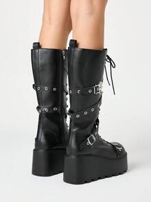 ROMWE Grunge Punk Giày bốt cao đến đầu gối, đế dày, mũi tròn, phong cách Punk, kiểu dáng thời trang ngoài trời mùa thu/đông 2025 - màu đen - Xem 5