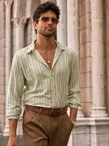 Manfinity VCAY Camisa de vestir de manga larga con rayas, corte slim, informal para hombre, otoño - Multicolor - Ver 1