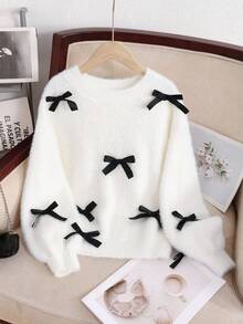 SHEIN Tween Girl Casual Cute Round Neck Faux Fur Collar Loose Fit Bow Knit Sweater TopAutumn Clothing Fall Winter - White - View 7