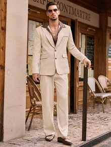 HIMLAND 男士纯色翻领长袖夹克和裤子休闲西装套装，秋季 - 米色 - 查看 5